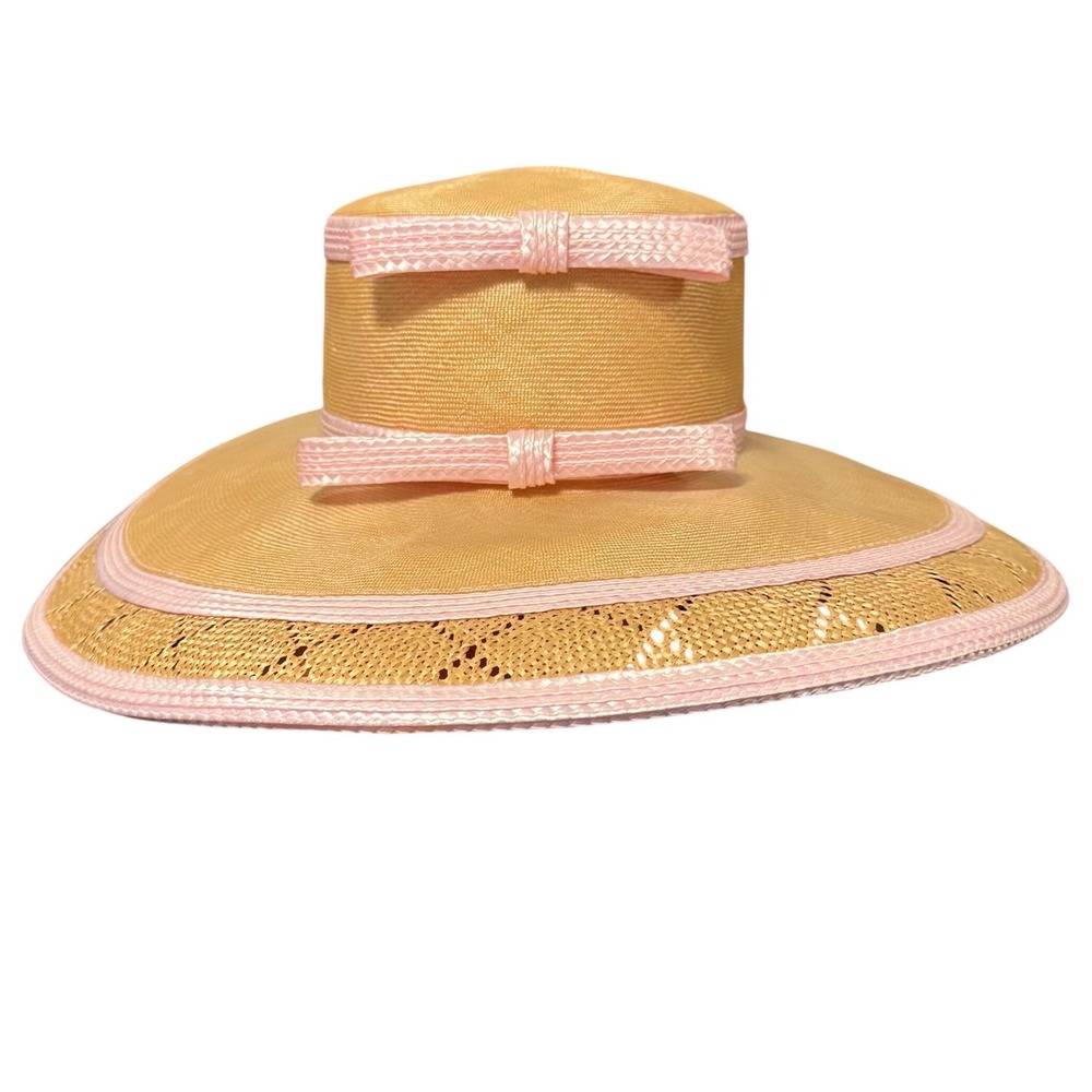 Oscar de la Renta Straw Wide-Brim Hat in Yellow with Pink Trim